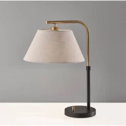 Adesso Fletcher Table Lamp Black: Mid-Century Modern, Brass Finish, Off-White Drum Shade, ETL Listed